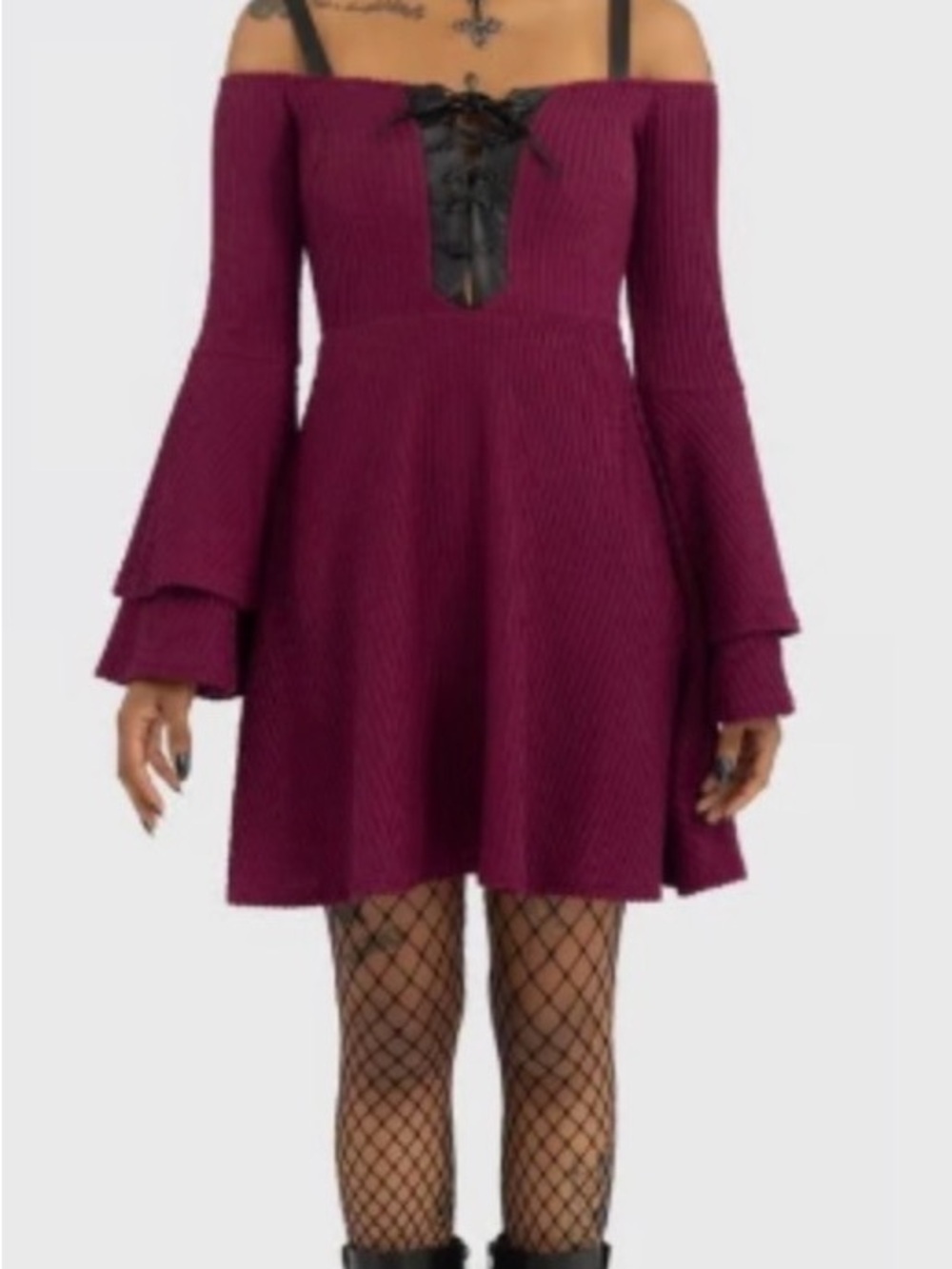 Killstar 🖤 Burgundy 🥀 Off-Shoulder Lace-Up Bell Sleeve Dress NWT